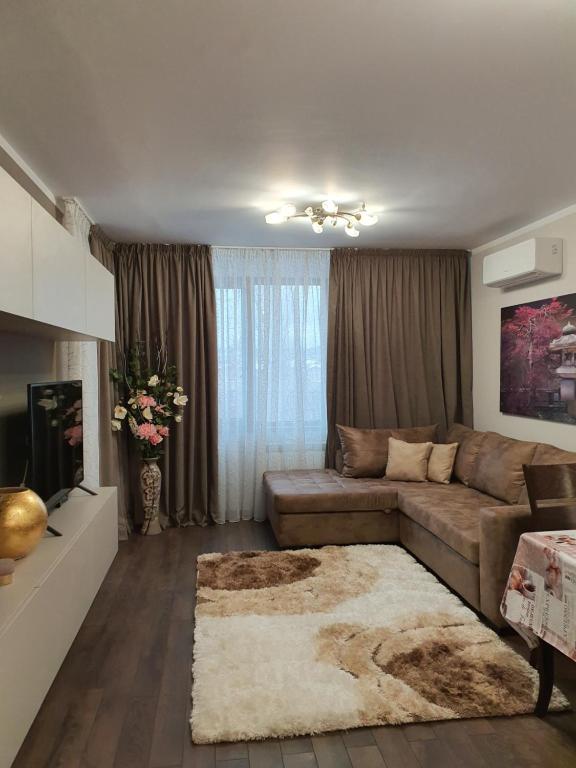 ein Wohnzimmer mit einem Sofa und einem Teppich in der Unterkunft VIP apartment & parking in Sofia