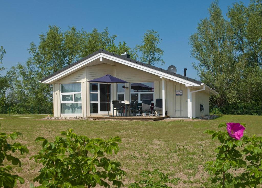 uma pequena casa com um grande quintal em Dänische Ferienhäuser am Salzhaff Haus Strandhafer em Gollwitz