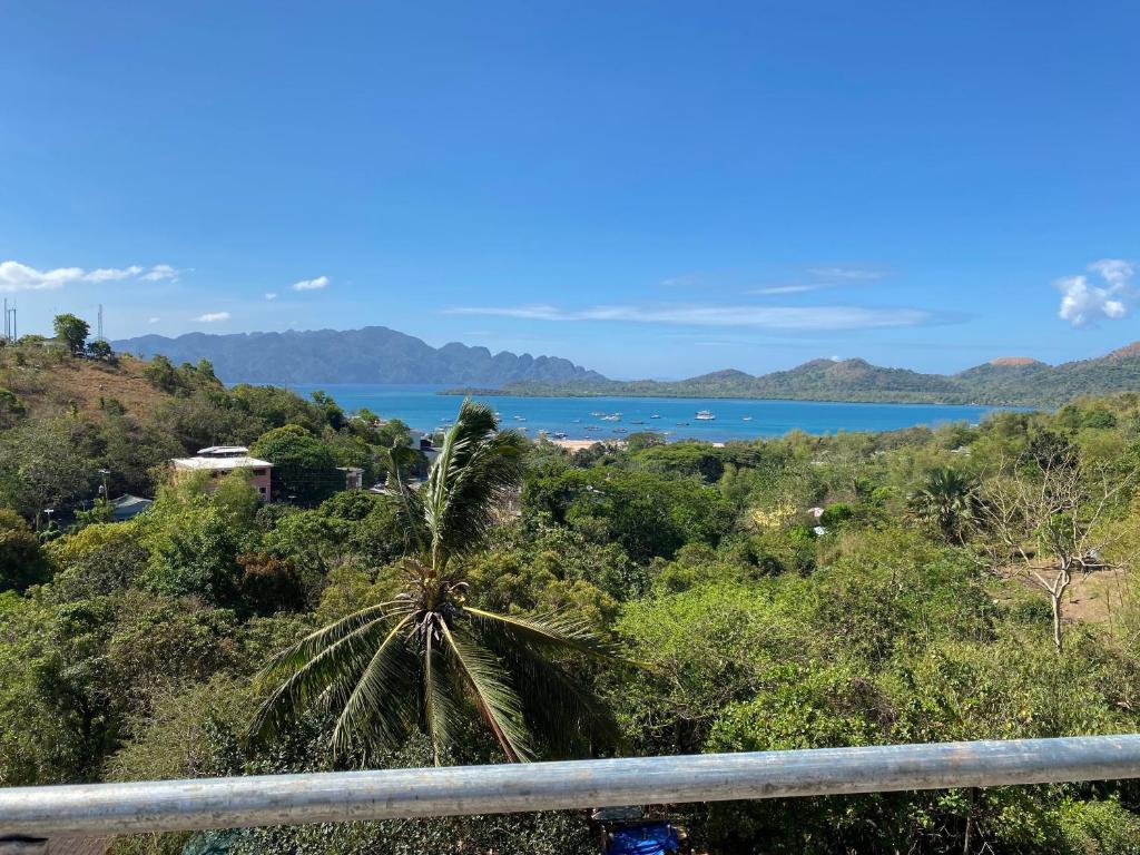 a view of the ocean and a palm tree at Outpost Hostel - Coron in Coron