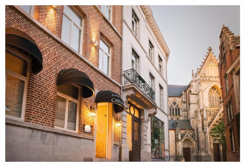 un groupe de bâtiments dans une rue avec une église dans l'établissement Boutique Hotel Caelus VII, à Tongres