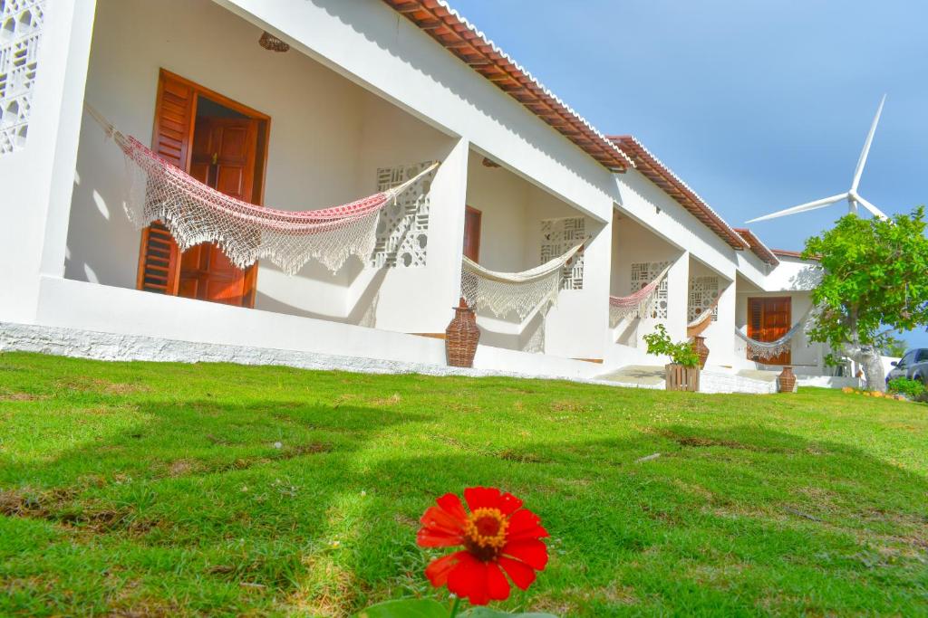 une fleur rouge dans l'herbe devant une maison dans l'établissement Vila Retiro, à Aracati