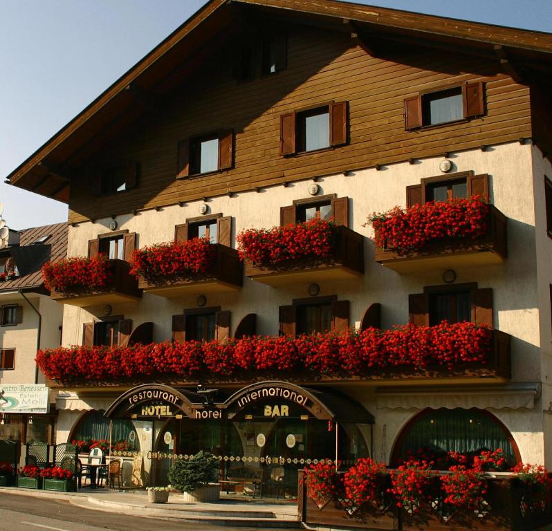 a building with red flowers on the side of it at Hotel International in Tarvisio