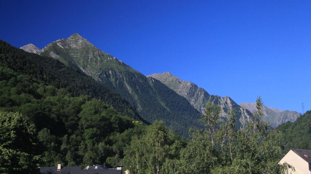 une montagne avec des arbres et des maisons devant elle dans l'établissement Moudang 11, à Saint-Lary-Soulan
