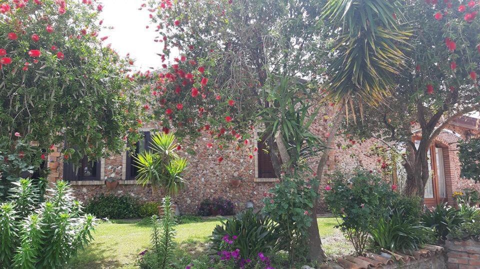a brick house with red flowers in the yard at Agriturismo Pingitore in Luzzi