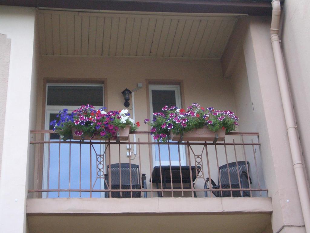 een balkon met 2 stoelen en bloemen erop bij No Beach in Solingen