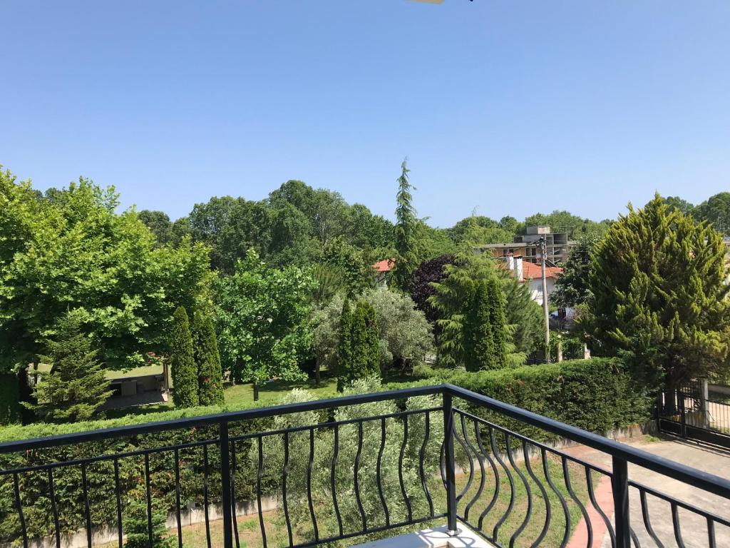 een balkon met uitzicht op een park bij Dimeli 1 in Plaka Litochorou