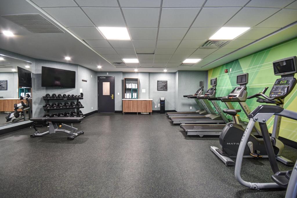 a gym with treadmills and ellipticals in a room at Holiday Inn Allentown-Bethlehem by IHG in Allentown