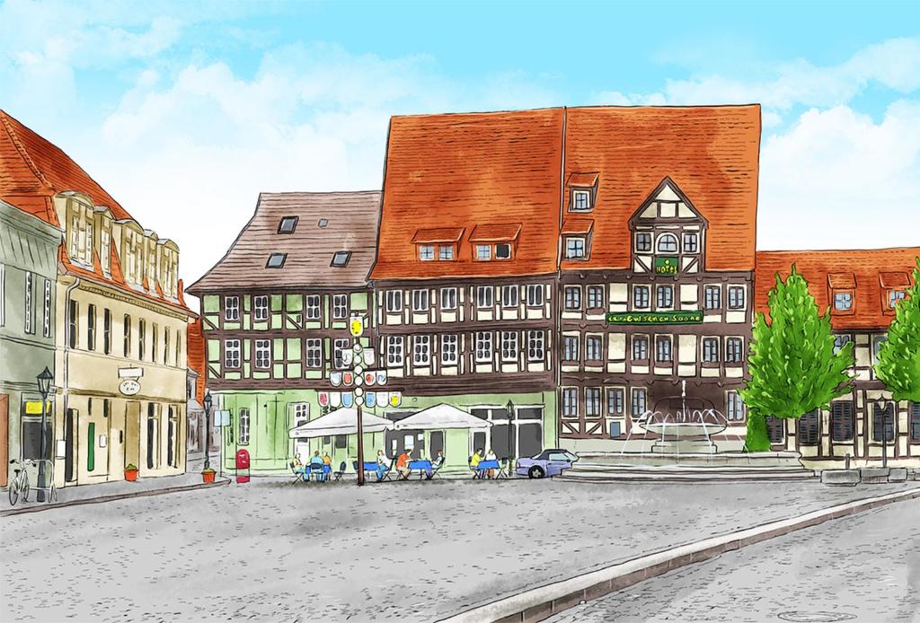 eine Zeichnung einer Stadtstraße mit Gebäuden in der Unterkunft Hotel Zur Goldenen Sonne in Quedlinburg