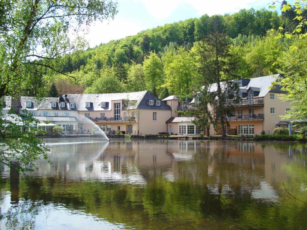 un groupe de maisons à côté d'une masse d'eau dans l'établissement Hotel Molitors Mühle, à Eisenschmitt