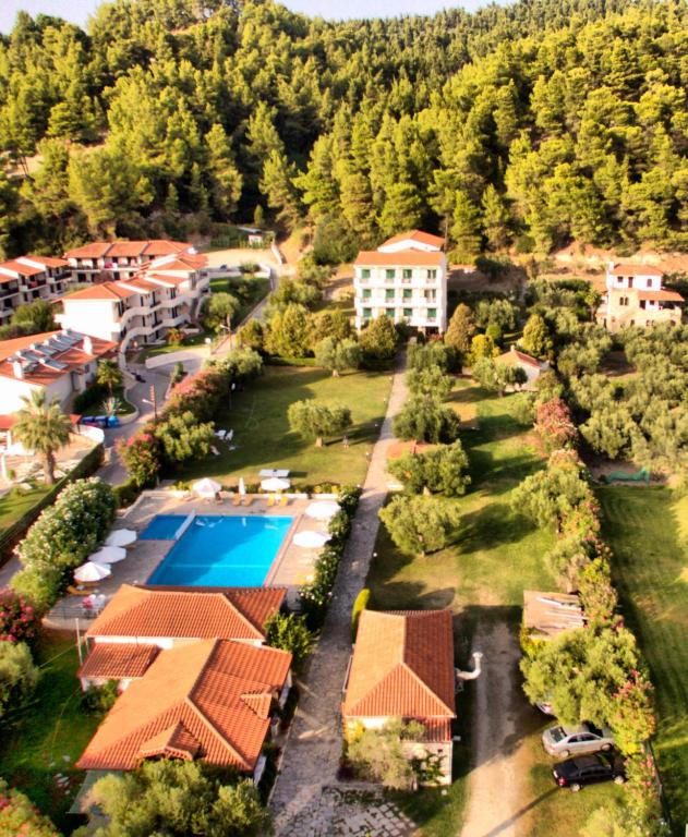 an aerial view of a resort with a swimming pool at Julia Hotel in Fourka