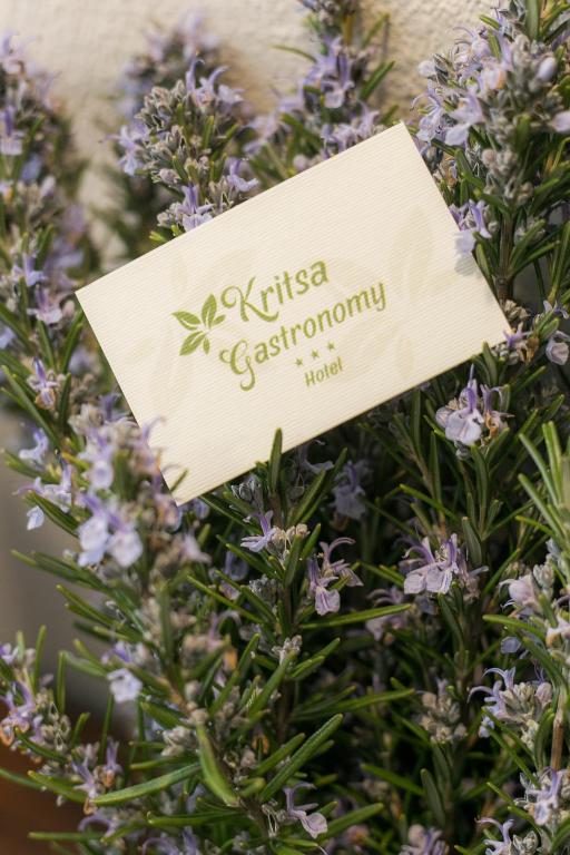a sign on a bunch of purple flowers at Gastronomy Hotel Kritsa in Portaria