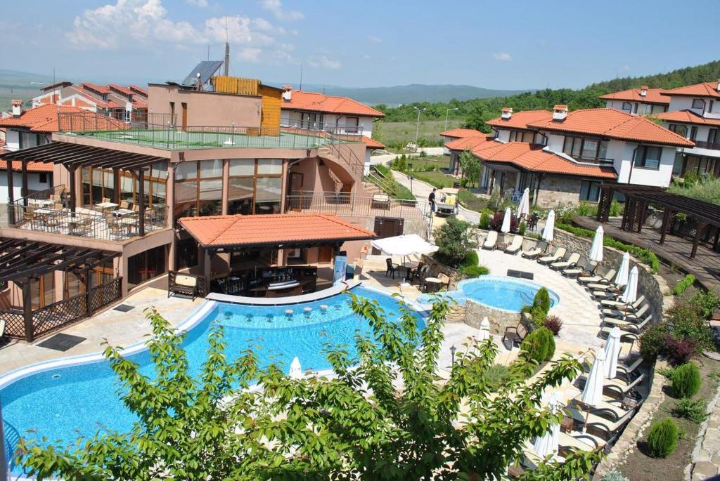 an aerial view of a resort with a swimming pool at Bay View Villas - Summer house Gerovi in Kosharitsa