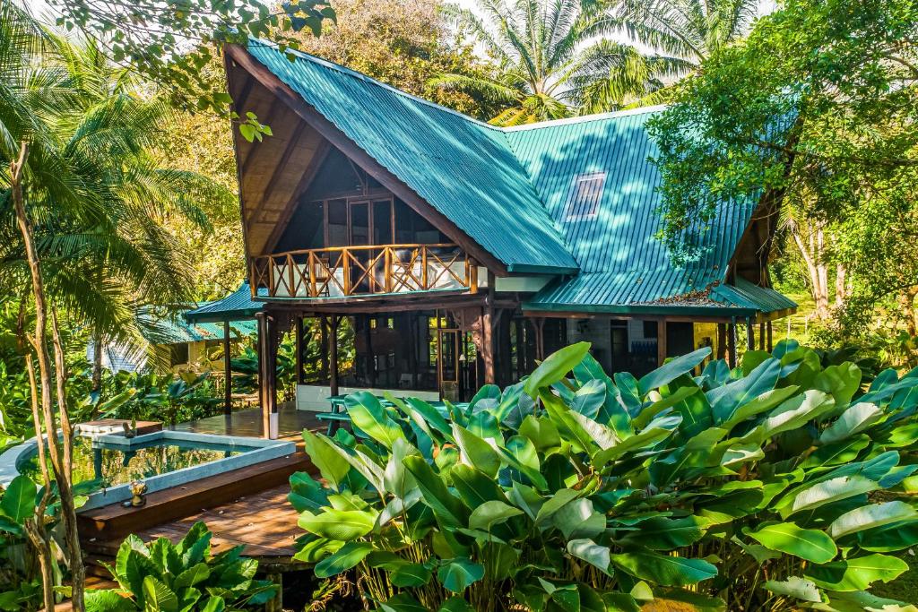 una casa en la selva con un techo azul en El Ballenato de Bahia, en Uvita