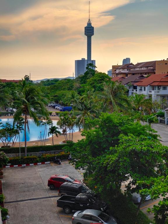 a parking lot with a view of the korea tower at View Talay 1B by Fernando in Pattaya South