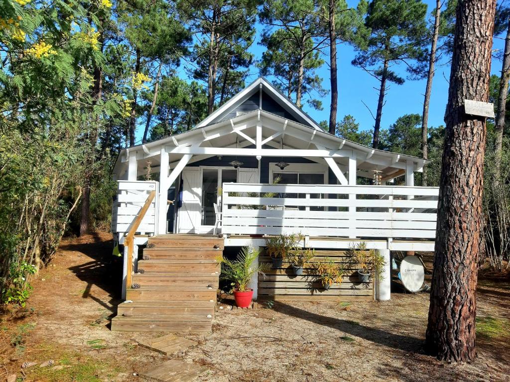 a white house in the woods with a tree at Domaine résidentiel naturiste de la Jenny chalet 6 pers in Le Porge