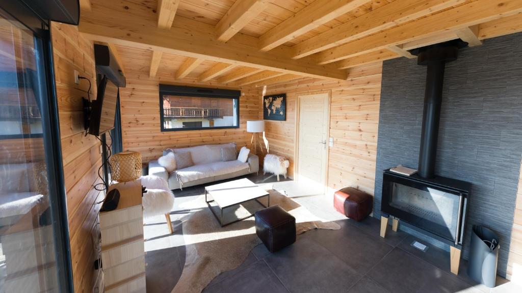 a living room with a couch and a fireplace at Le Chalet de Juliette in Besse-et-Saint-Anastaise