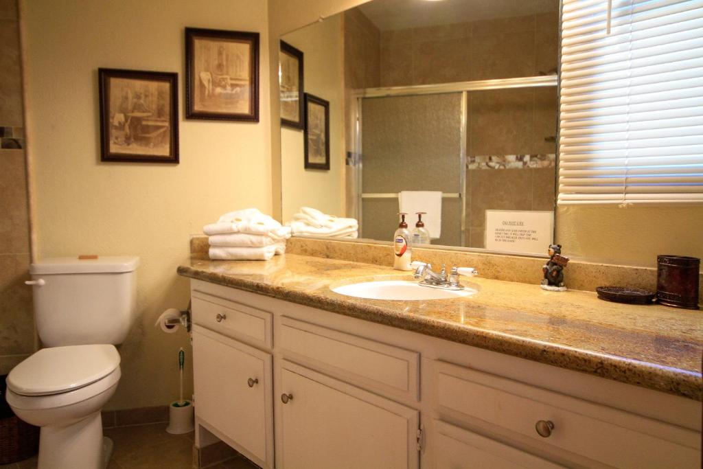 a bathroom with a sink and a toilet and a mirror at Sierra Park Villas #88 in Mammoth Lakes
