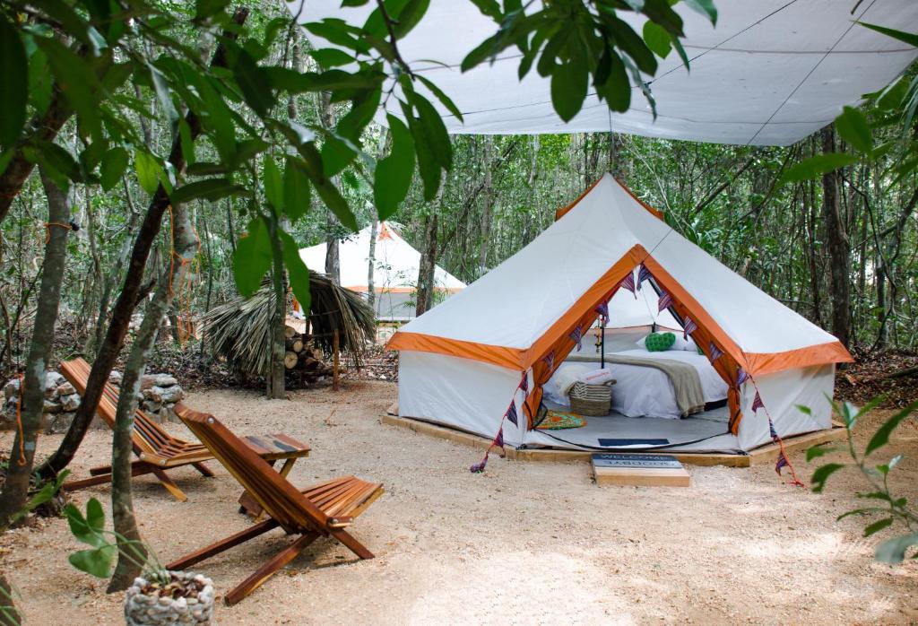 a tent with a bed and chairs in a forest at Rotamundos Mama Loomm in Puerto Morelos