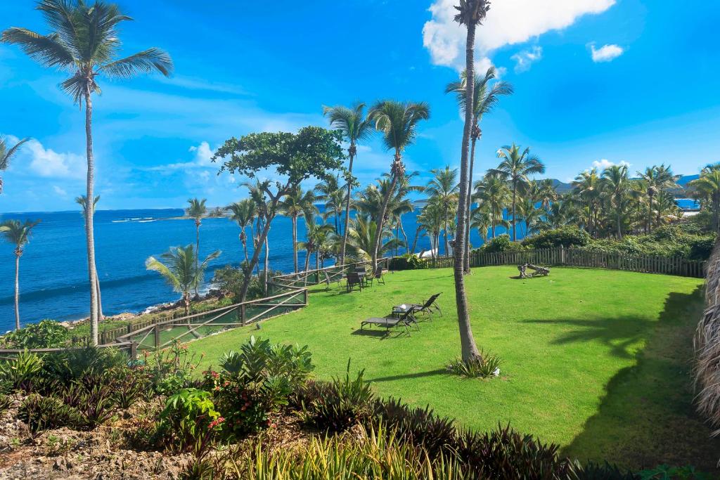 Villa Caribeña في لاس غاليراس: حديقة على الشاطئ مع أشجار النخيل والمحيط