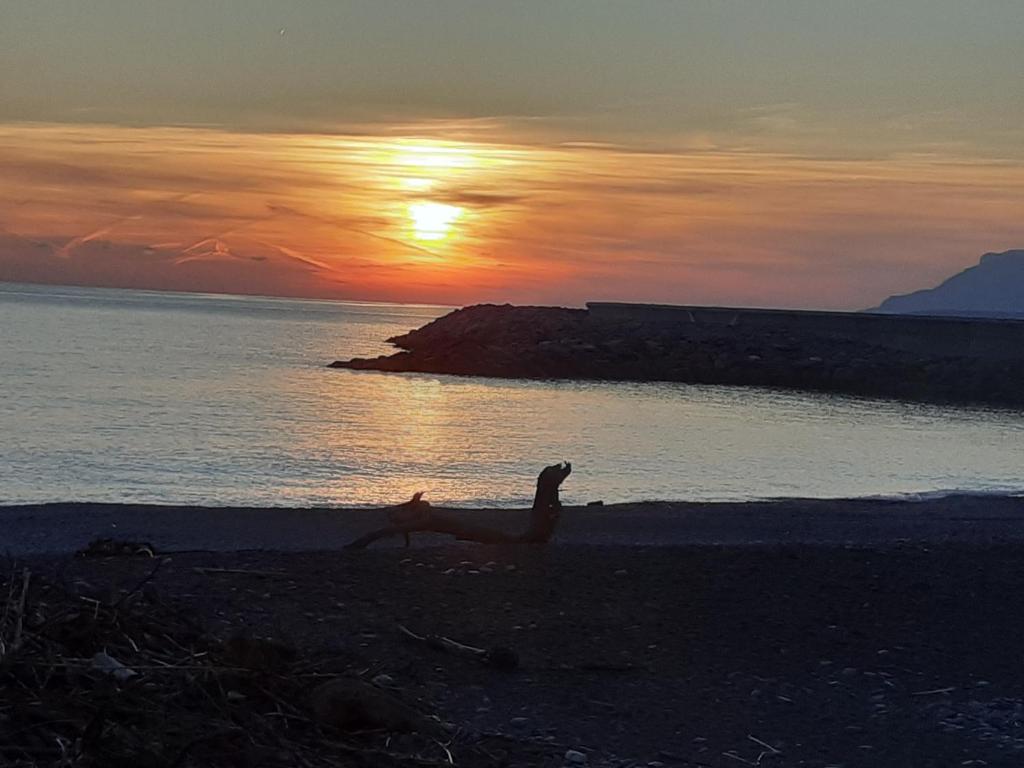 a person sitting on the beach at sunset at Azzurra casa vacanza in Ventimiglia