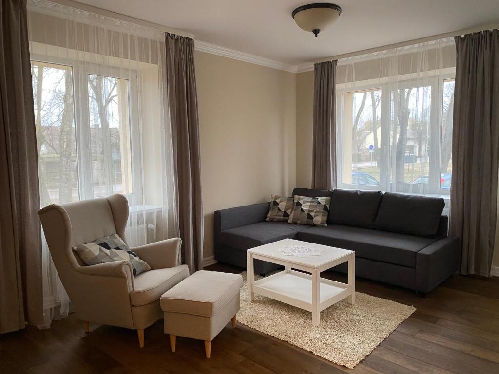 ein Wohnzimmer mit einem Sofa und einem Stuhl in der Unterkunft Studio flat in Kedainiai in Kėdainiai