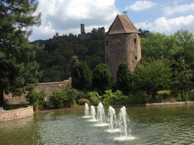 einen Brunnen in einem Teich vor einem Schloss in der Unterkunft Ferienwohnung Burgenblilck in Weinheim