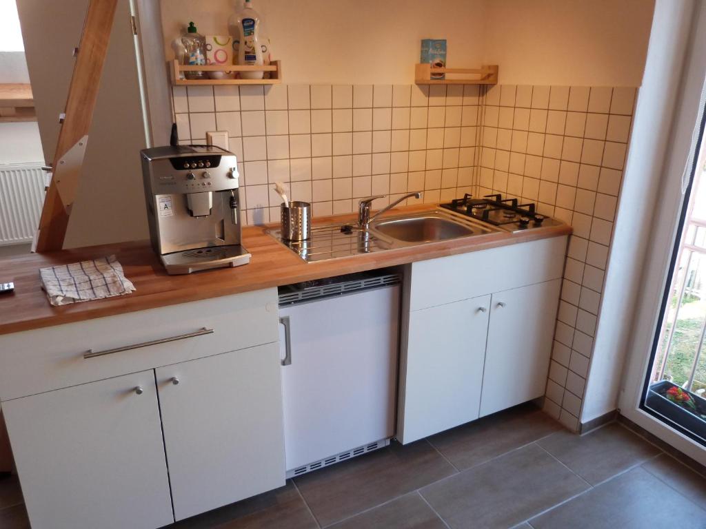 uma cozinha com um lavatório e um balcão com comodidades para preparar café em ATELIER IM STADTGARTEN direkt in Rottweil em Rottweil