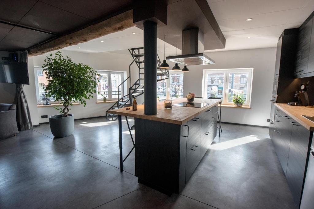 a kitchen with a kitchen island in a room at Froissart Loft in Chimay