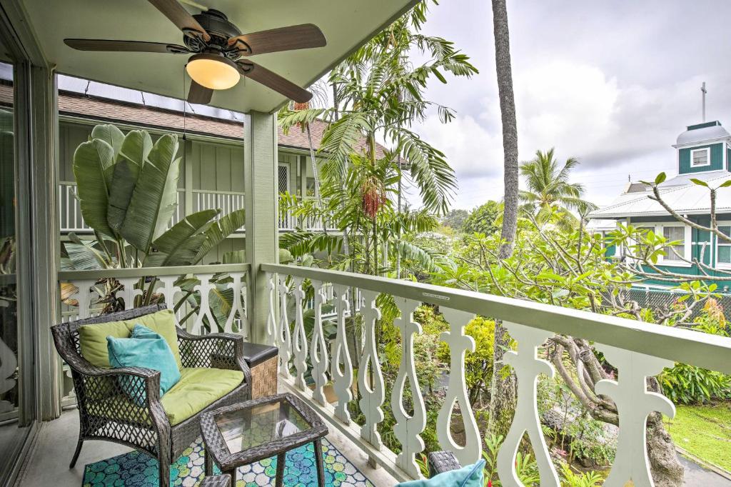 a porch with chairs and a ceiling fan at Tropical Kailua-Kona Escape Less Than 7 Mi to Keauhou Bay! in Kailua-Kona