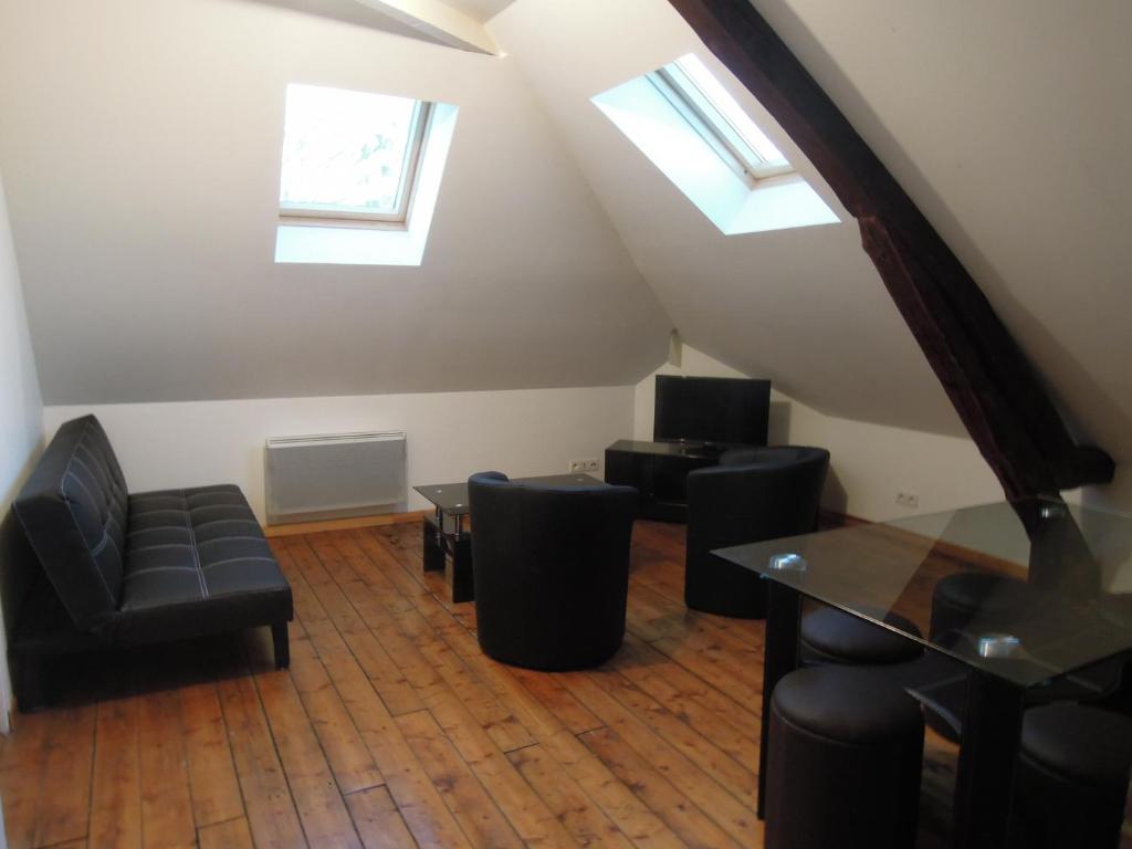 a living room with black furniture and skylights at Appart'Hôtel de la Tour in Troyes