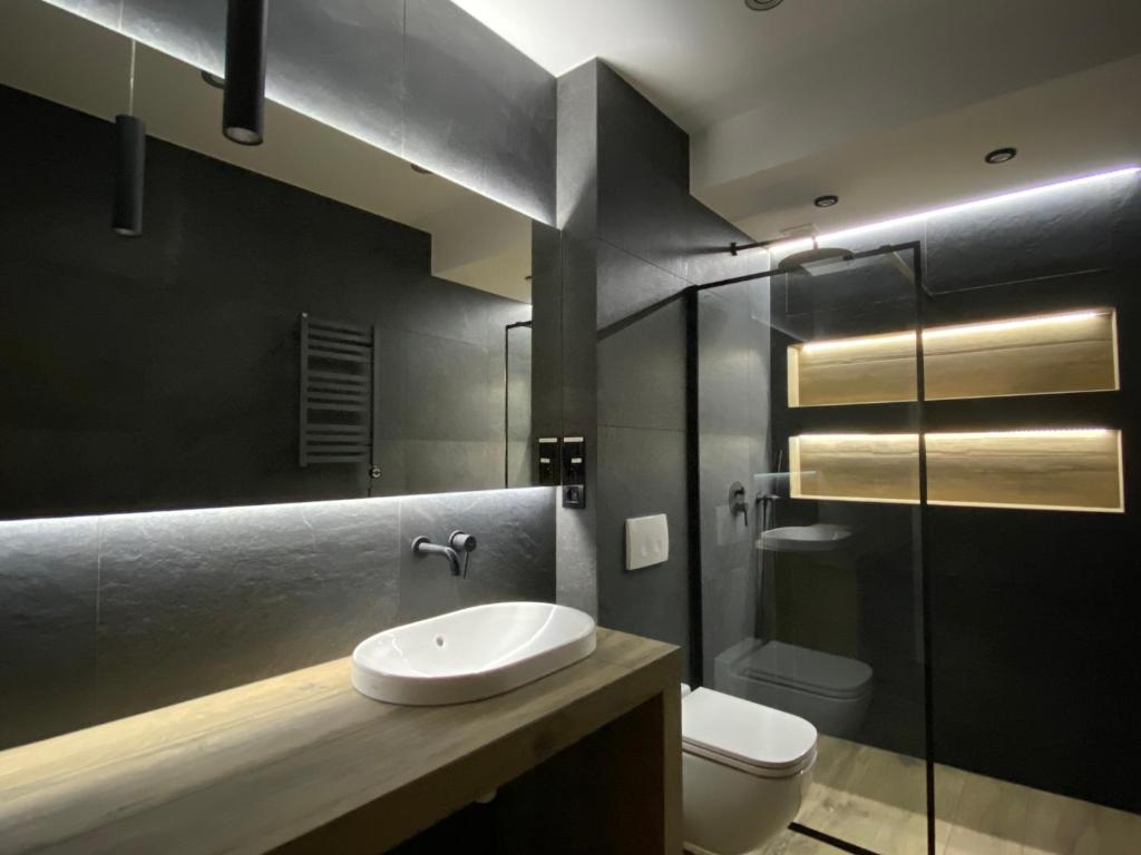 a bathroom with a sink and a toilet at Apartamenty Centrum in Andrychów