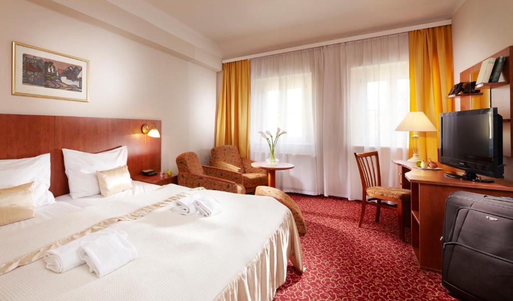 a hotel room with a bed and a television at Spa Resort PAWLIK-AQUAFORUM in Františkovy Lázně