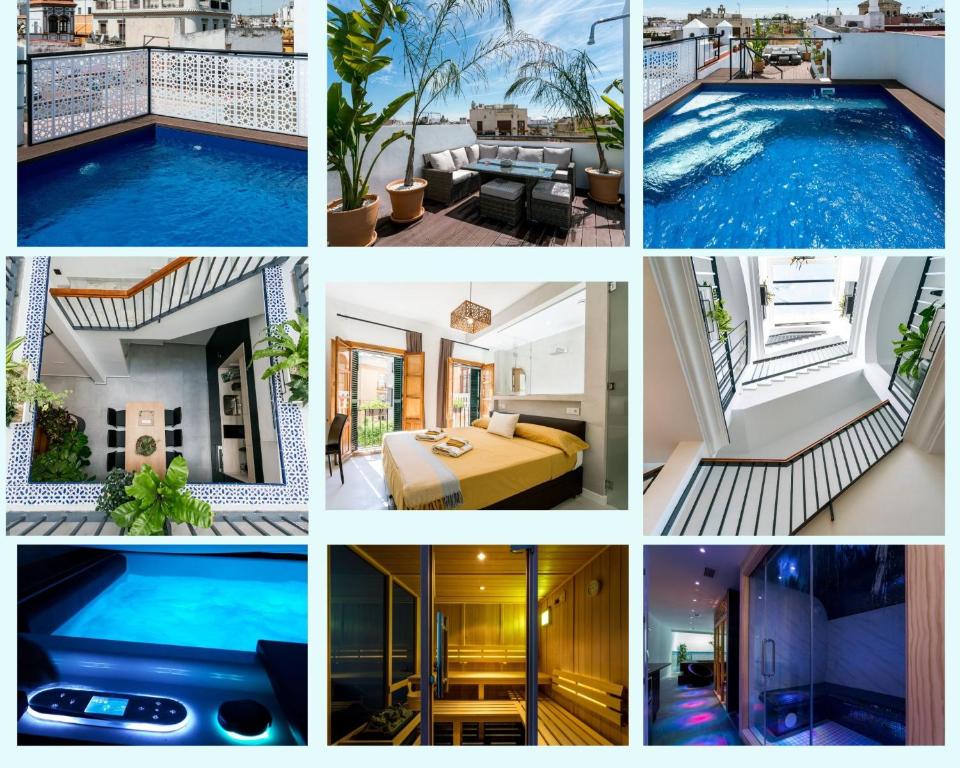 un collage de photos d'un hôtel avec une piscine dans l'établissement Unique House - Private SPA&Pool -StayInSeville, à Séville