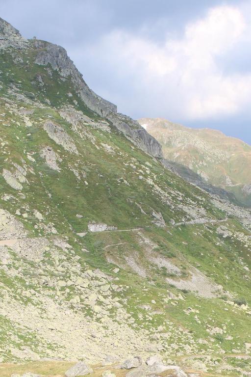 a grassy hillside with a mountain in the background at Ospizio San Gottardo in Airolo
