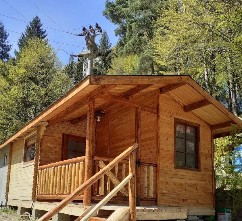 eine Hütte im Wald mit einer großen Terrasse in der Unterkunft CABANUTE si CAMPING DRACULA in Căpăţîneni-Pămînteni