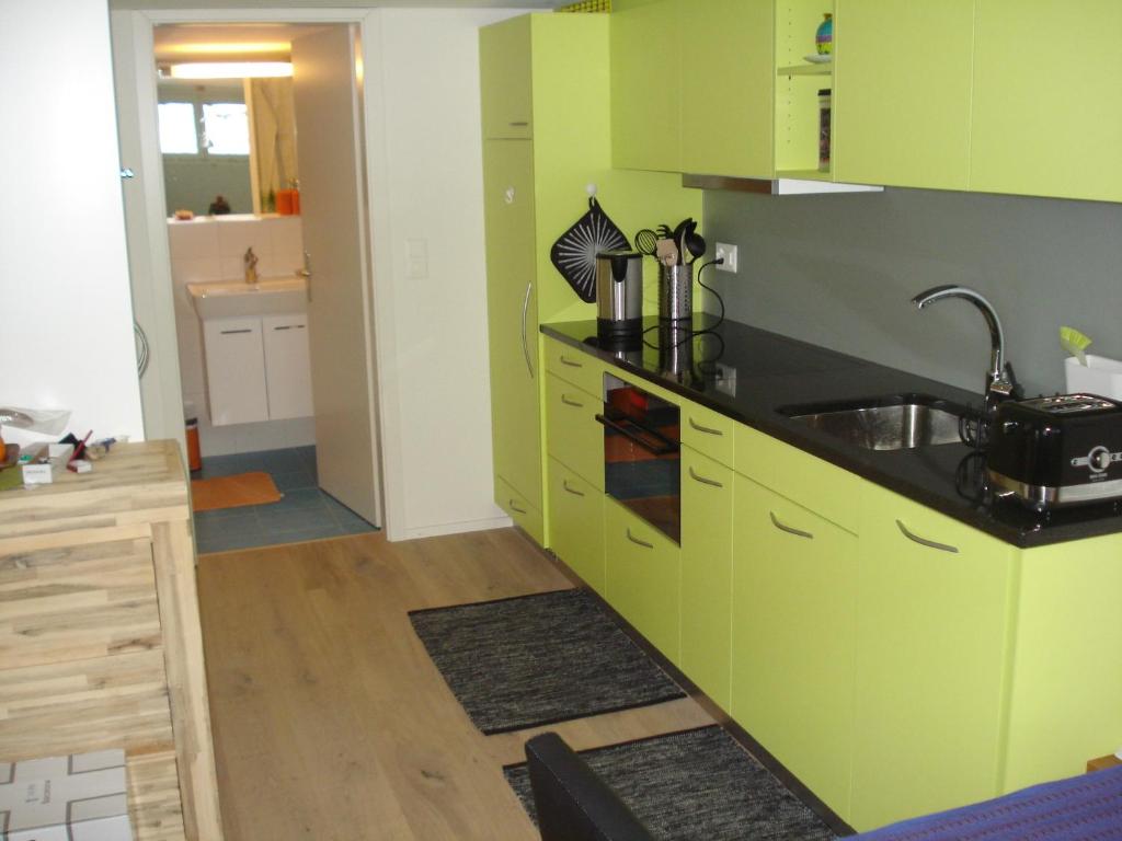 a kitchen with green cabinets and a sink at Chalet Viola in Wengen
