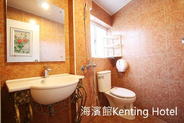 a bathroom with a sink and a toilet and a mirror at Kenting Hostel in Kenting