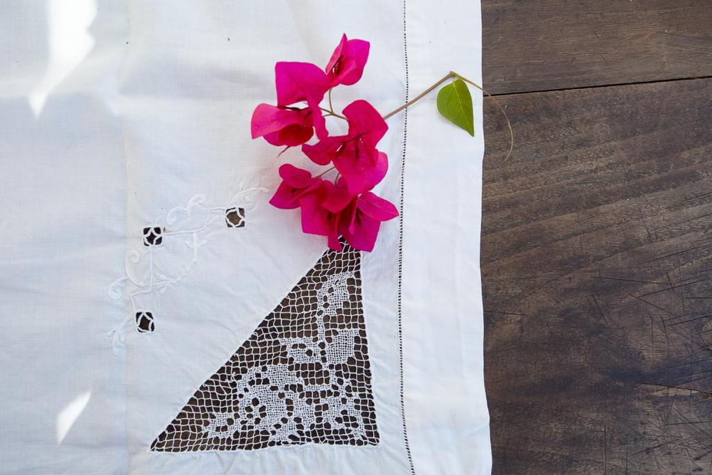 a bunch of pink flowers in a black and white bag at Rosa Dei Venti in Lipari