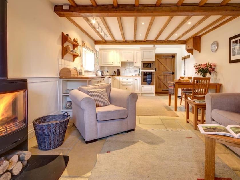 a living room with a couch and a fireplace at Boddingtons Barn @ Norton Grounds in Chipping Campden