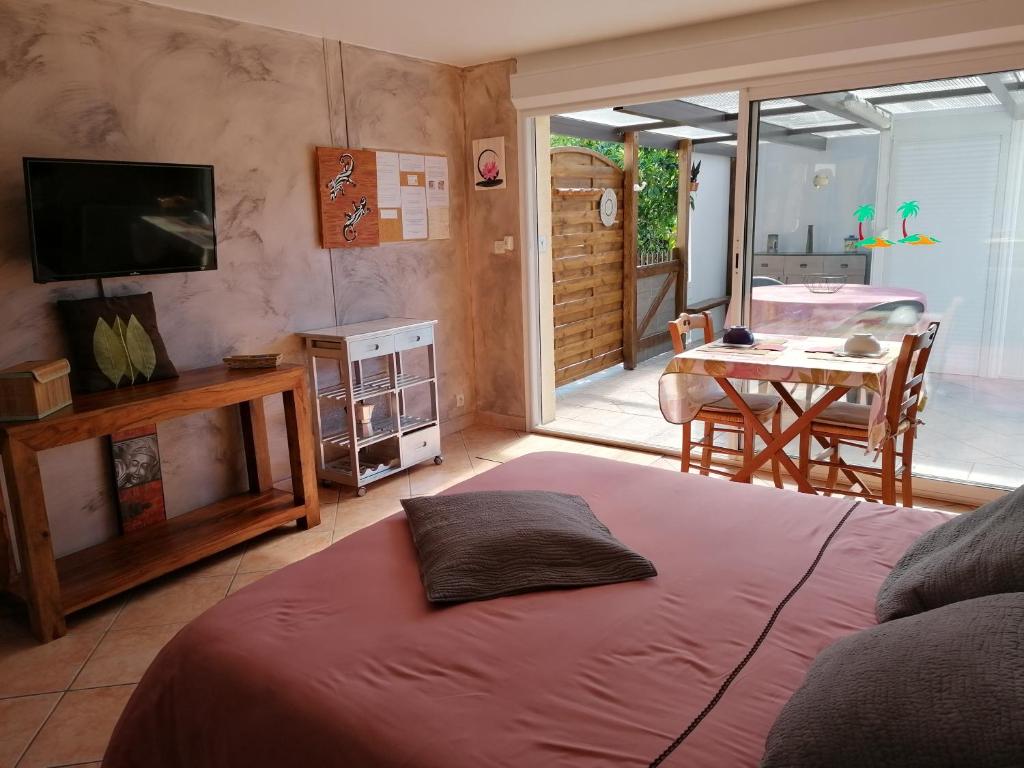 a bedroom with a bed and a table with a television at La Picholine in Sorède