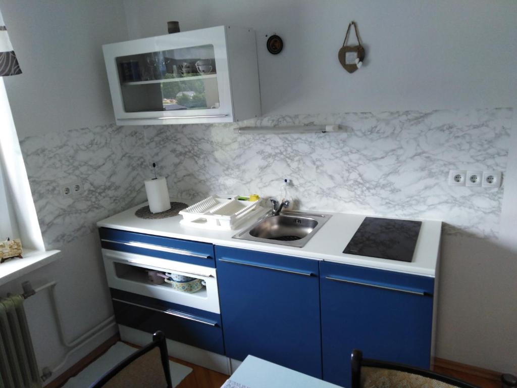 a kitchen with a sink and a counter top at Apartma Viktorija in Kranjska Gora