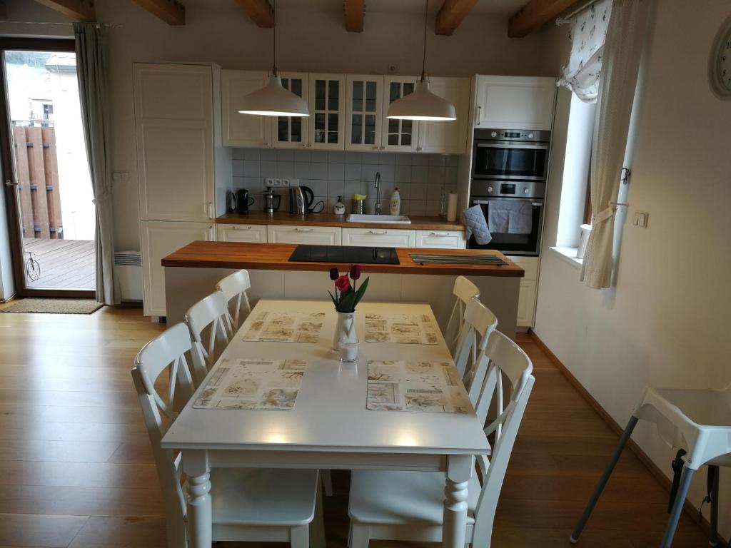 パヴロフにあるLetní dům Pavlovのキッチン(白いテーブル、白い椅子付)