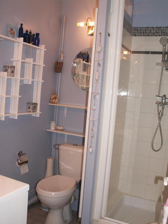 a bathroom with a toilet and a shower at Chambre d&#39;hôtes - Dodo et tartines in Bayeux