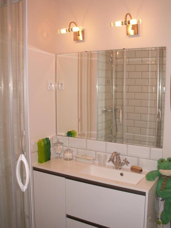 a bathroom with a sink and a shower with a mirror at Chambre d&#39;hôtes - Dodo et tartines in Bayeux