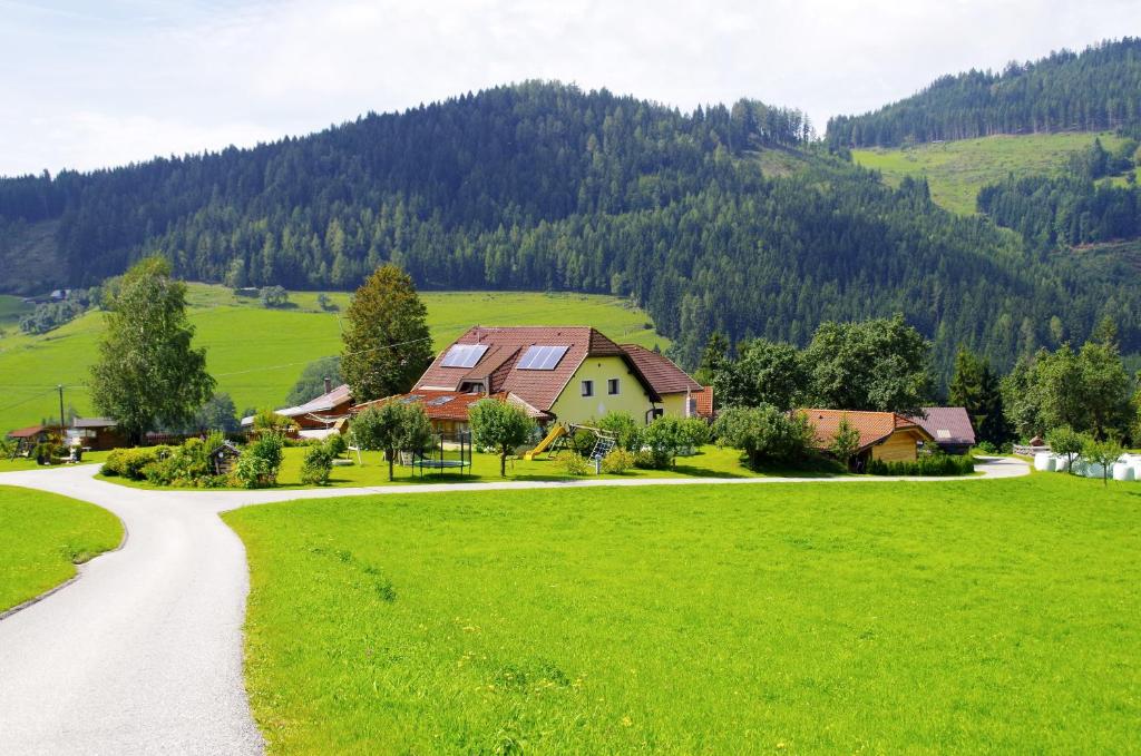 a house in a green field with a road at Zukaunighof in Diex