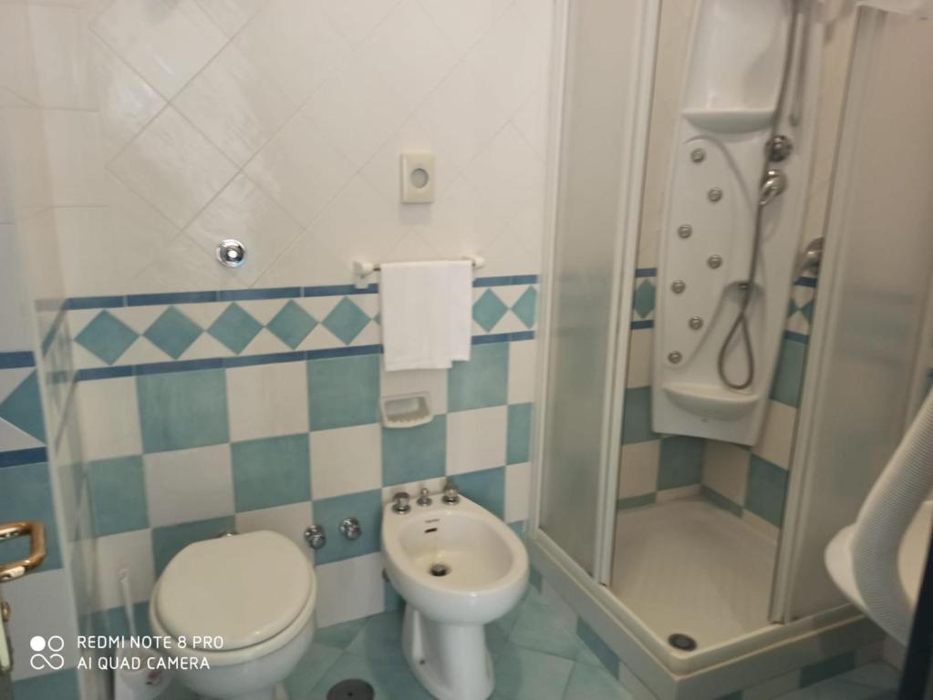 a small bathroom with a toilet and a shower at La Residenza Aparthotel in Maiori