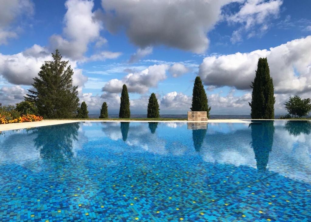 a large swimming pool with trees in the background at Borgo Poggio Bianco in Sarteano