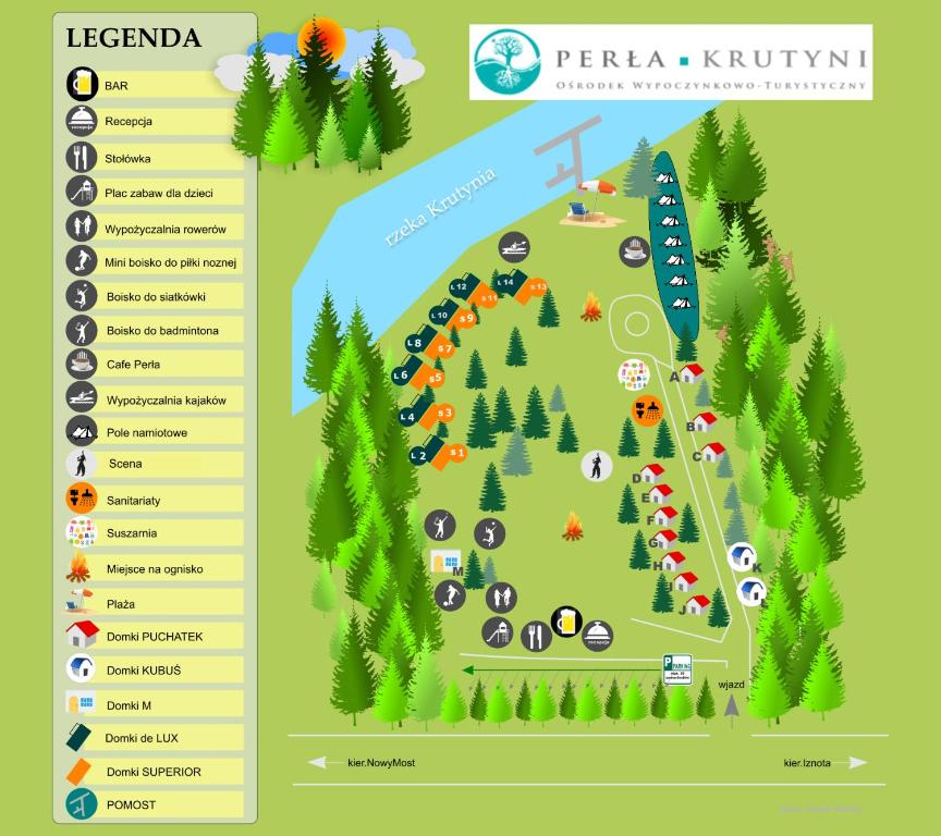 un mapa isométrico detallado de un parque con árboles y coches en Ośrodek Wypoczynkowo-Turystyczny Perła Krutyni, en Nowy Most