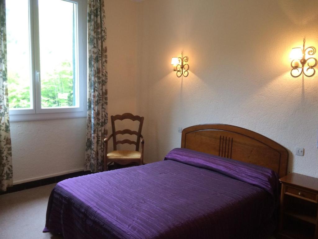 ein Schlafzimmer mit einem lila Bett und einem Stuhl in der Unterkunft Hôtel Le Val Du Tech in Prats-de-Mollo-la-Preste