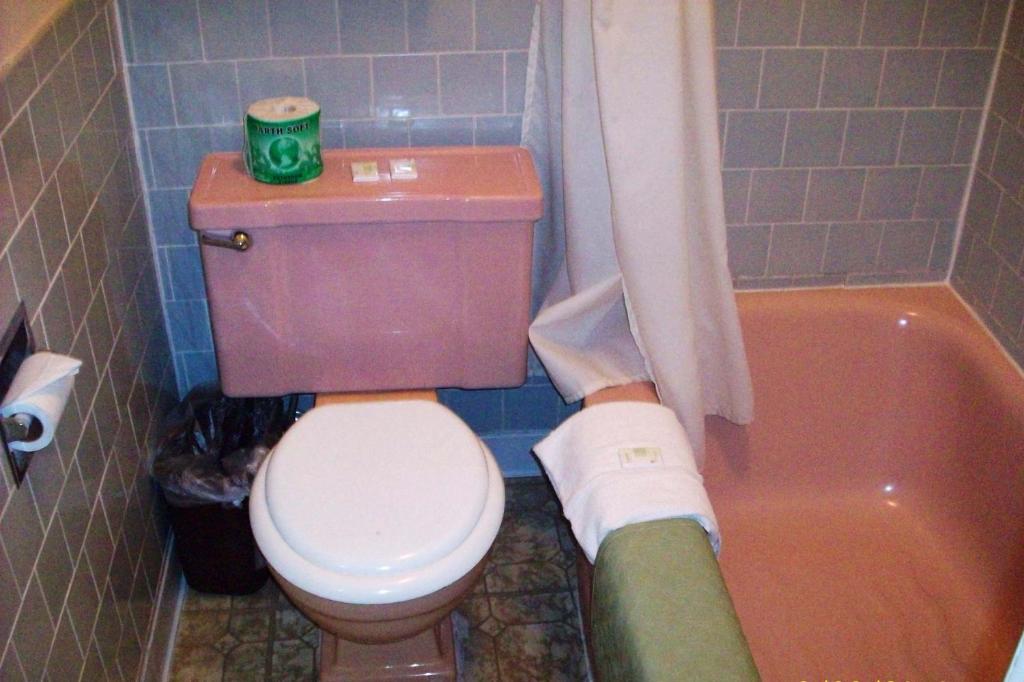 a white toilet sitting next to a bath tub at Hilander Motel in Mountain Home